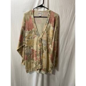 Gabriella T. Floral Oatmeal Linen Cotton Blend Cardigan Sweater Made in Italy 1X